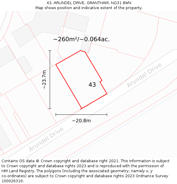 43, ARUNDEL DRIVE, GRANTHAM, NG31 8WN: Plot and title map