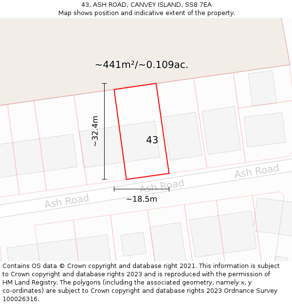 43, ASH ROAD, CANVEY ISLAND, SS8 7EA: Plot and title map