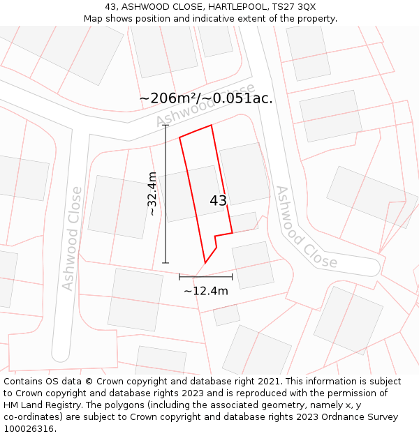 43, ASHWOOD CLOSE, HARTLEPOOL, TS27 3QX: Plot and title map