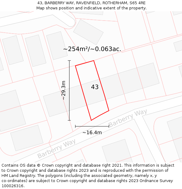 43, BARBERRY WAY, RAVENFIELD, ROTHERHAM, S65 4RE: Plot and title map