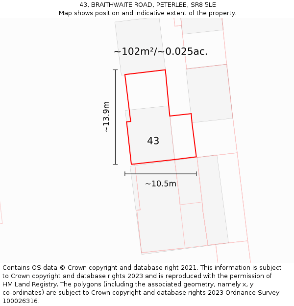 43, BRAITHWAITE ROAD, PETERLEE, SR8 5LE: Plot and title map