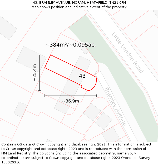 43, BRAMLEY AVENUE, HORAM, HEATHFIELD, TN21 0FN: Plot and title map