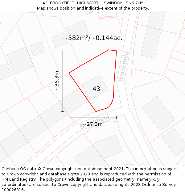 43, BROOKFIELD, HIGHWORTH, SWINDON, SN6 7HY: Plot and title map