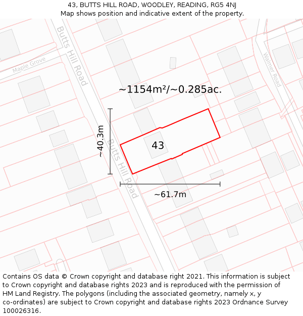 43, BUTTS HILL ROAD, WOODLEY, READING, RG5 4NJ: Plot and title map