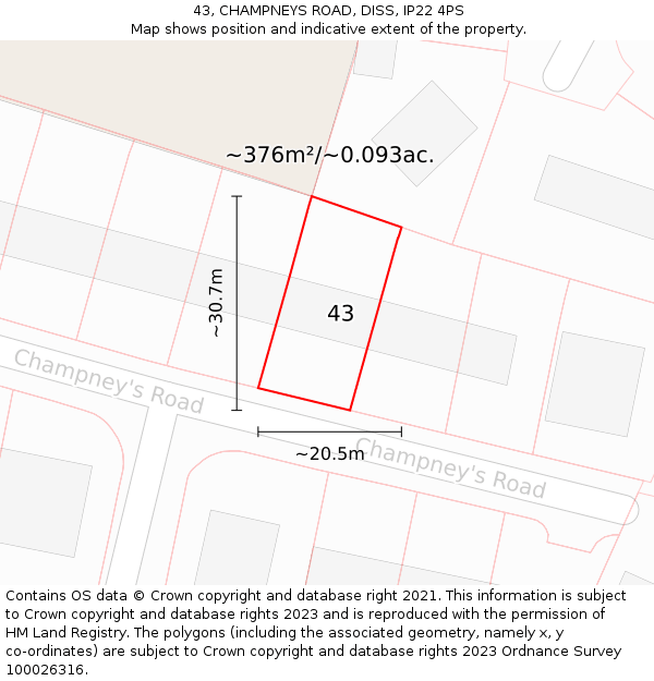 43, CHAMPNEYS ROAD, DISS, IP22 4PS: Plot and title map