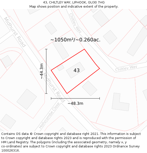 43, CHILTLEY WAY, LIPHOOK, GU30 7HG: Plot and title map