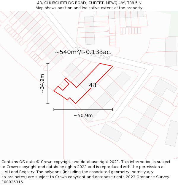 43, CHURCHFIELDS ROAD, CUBERT, NEWQUAY, TR8 5JN: Plot and title map