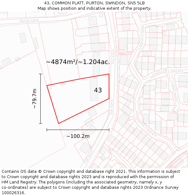 43, COMMON PLATT, PURTON, SWINDON, SN5 5LB: Plot and title map