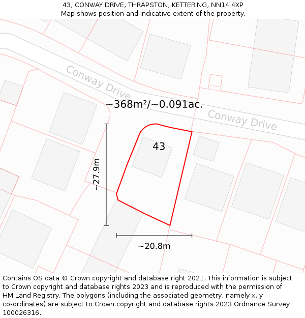 43, CONWAY DRIVE, THRAPSTON, KETTERING, NN14 4XP: Plot and title map