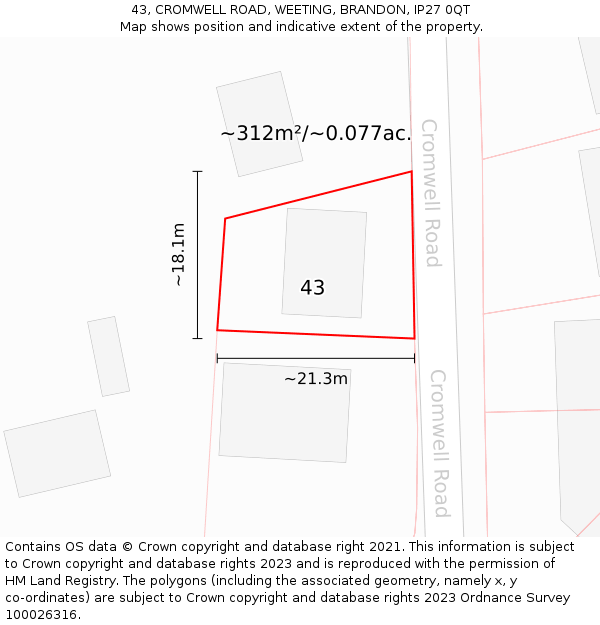 43, CROMWELL ROAD, WEETING, BRANDON, IP27 0QT: Plot and title map