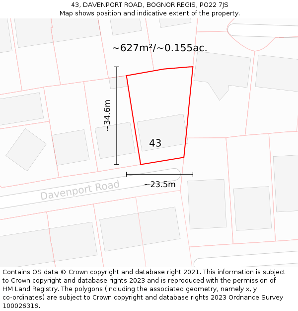 43, DAVENPORT ROAD, BOGNOR REGIS, PO22 7JS: Plot and title map