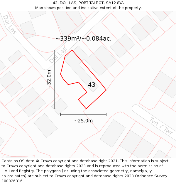 43, DOL LAS, PORT TALBOT, SA12 8YA: Plot and title map