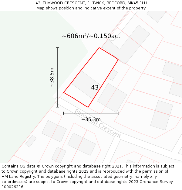 43, ELMWOOD CRESCENT, FLITWICK, BEDFORD, MK45 1LH: Plot and title map