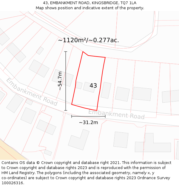 43, EMBANKMENT ROAD, KINGSBRIDGE, TQ7 1LA: Plot and title map