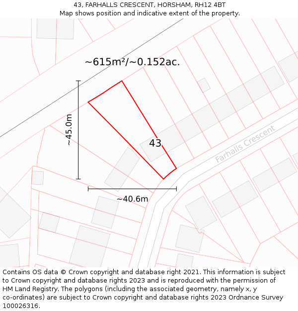 43, FARHALLS CRESCENT, HORSHAM, RH12 4BT: Plot and title map