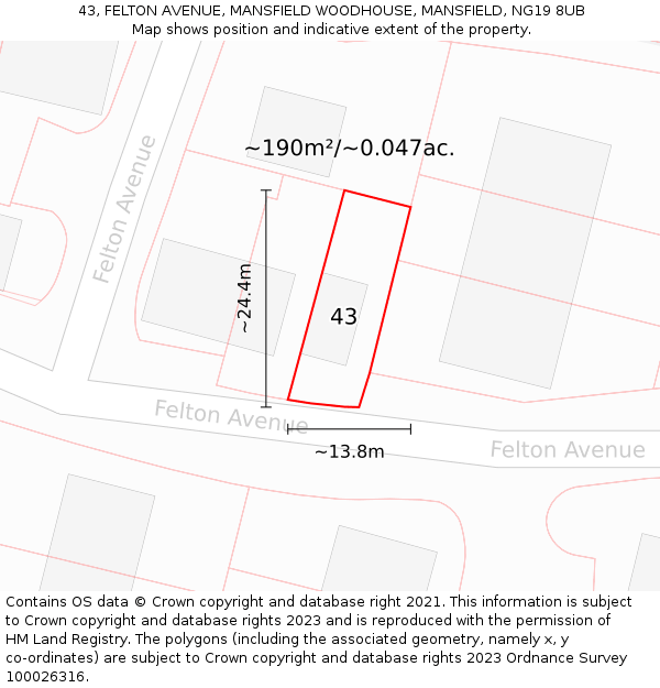 43, FELTON AVENUE, MANSFIELD WOODHOUSE, MANSFIELD, NG19 8UB: Plot and title map