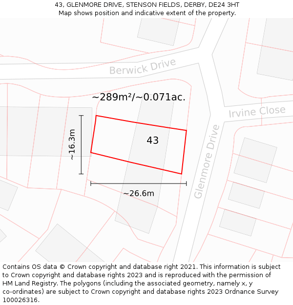 43, GLENMORE DRIVE, STENSON FIELDS, DERBY, DE24 3HT: Plot and title map