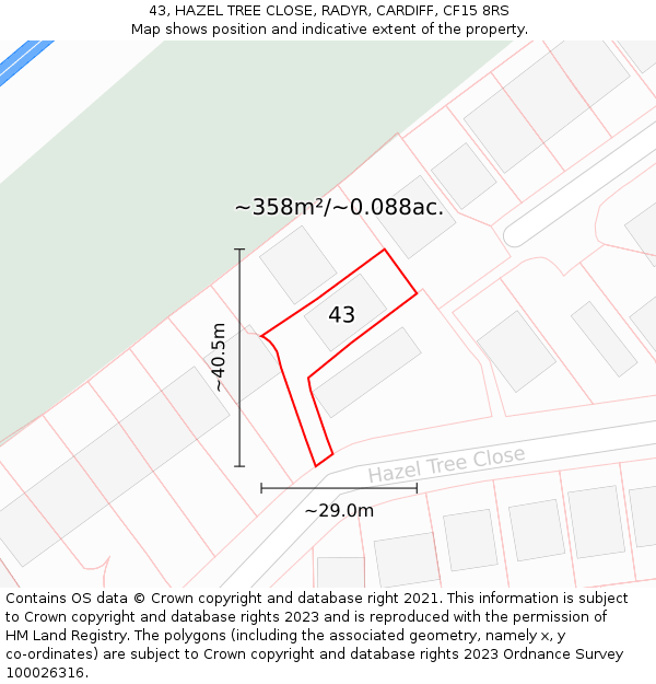 43, HAZEL TREE CLOSE, RADYR, CARDIFF, CF15 8RS: Plot and title map