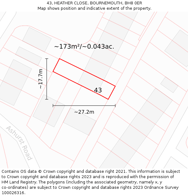 43, HEATHER CLOSE, BOURNEMOUTH, BH8 0ER: Plot and title map