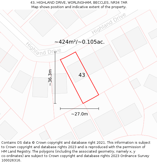 43, HIGHLAND DRIVE, WORLINGHAM, BECCLES, NR34 7AR: Plot and title map