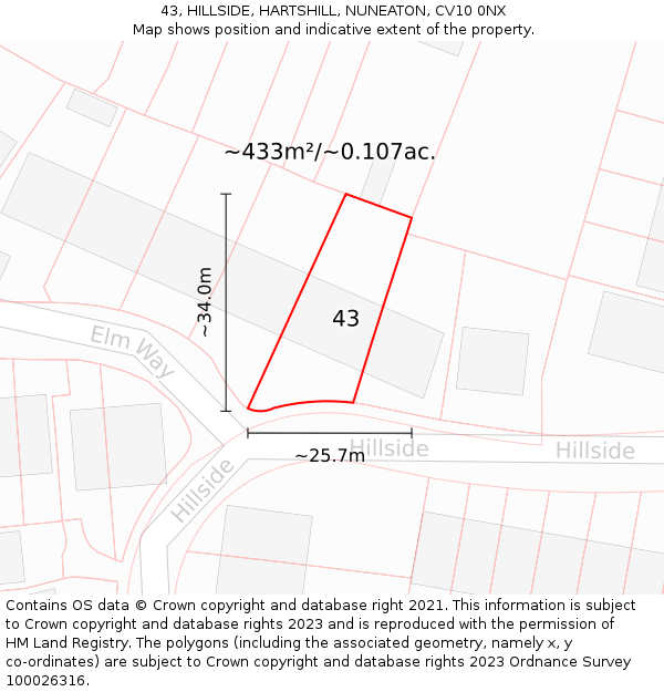 43, HILLSIDE, HARTSHILL, NUNEATON, CV10 0NX: Plot and title map