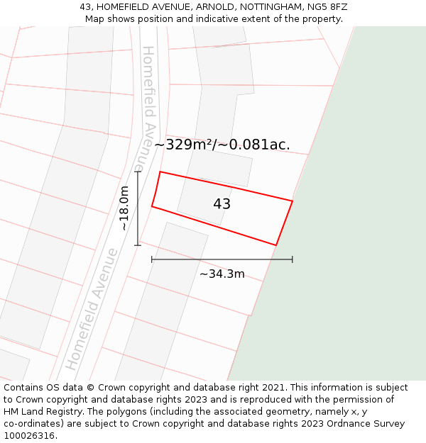 43, HOMEFIELD AVENUE, ARNOLD, NOTTINGHAM, NG5 8FZ: Plot and title map