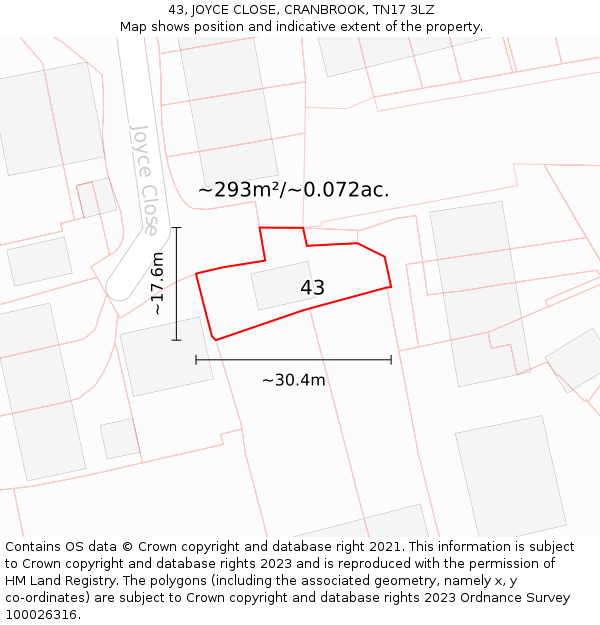 43, JOYCE CLOSE, CRANBROOK, TN17 3LZ: Plot and title map