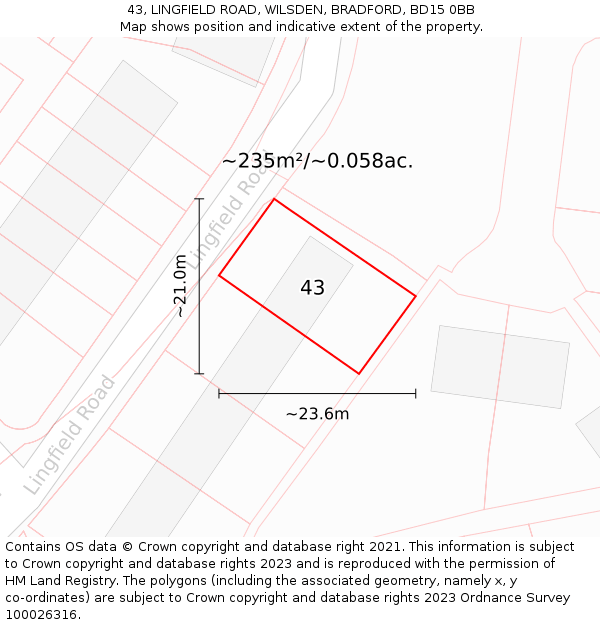 43, LINGFIELD ROAD, WILSDEN, BRADFORD, BD15 0BB: Plot and title map