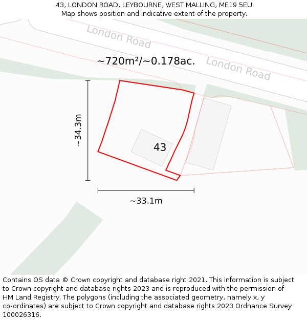 43, LONDON ROAD, LEYBOURNE, WEST MALLING, ME19 5EU: Plot and title map