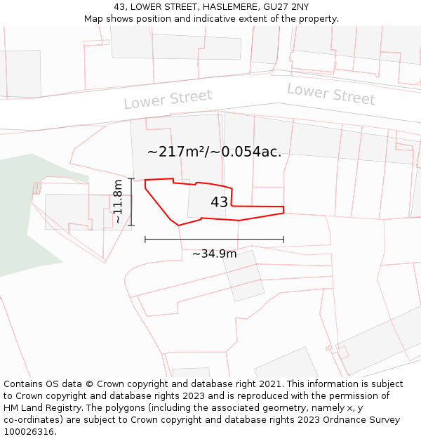 43, LOWER STREET, HASLEMERE, GU27 2NY: Plot and title map