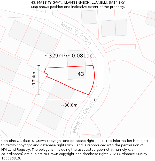 43, MAES TY GWYN, LLANGENNECH, LLANELLI, SA14 8XY: Plot and title map