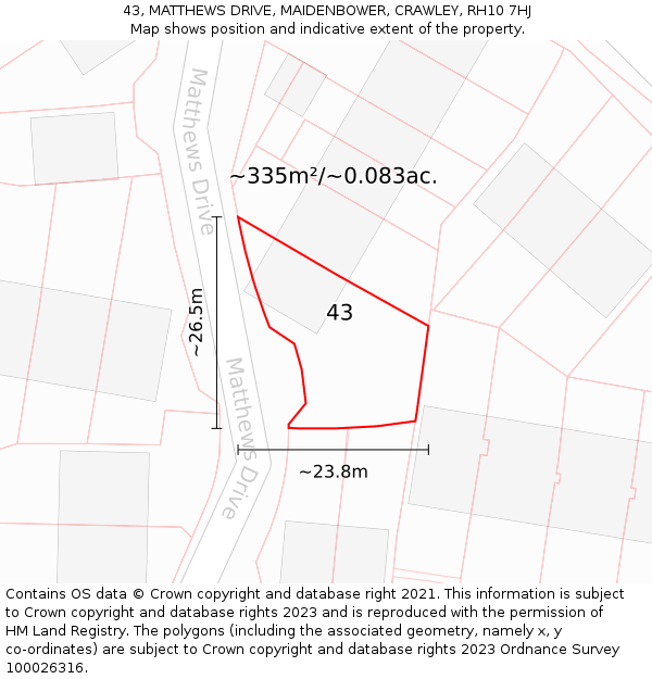 43, MATTHEWS DRIVE, MAIDENBOWER, CRAWLEY, RH10 7HJ: Plot and title map