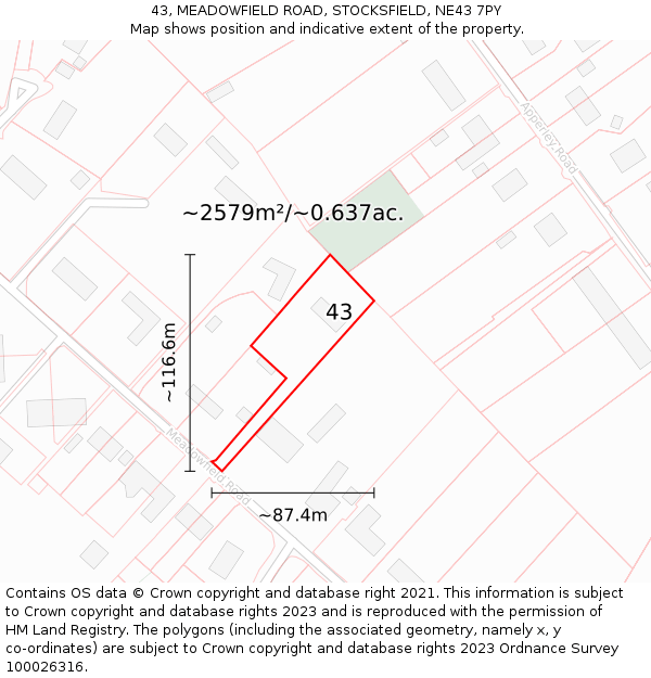 43, MEADOWFIELD ROAD, STOCKSFIELD, NE43 7PY: Plot and title map