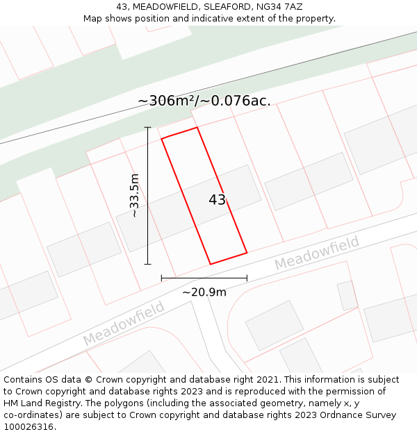 43, MEADOWFIELD, SLEAFORD, NG34 7AZ: Plot and title map