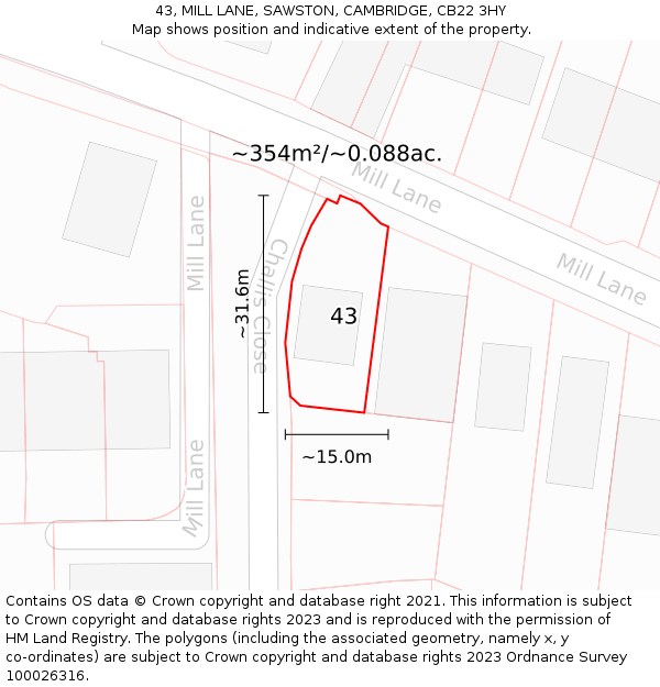 43, MILL LANE, SAWSTON, CAMBRIDGE, CB22 3HY: Plot and title map