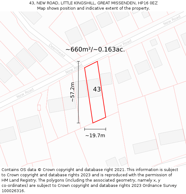 43, NEW ROAD, LITTLE KINGSHILL, GREAT MISSENDEN, HP16 0EZ: Plot and title map