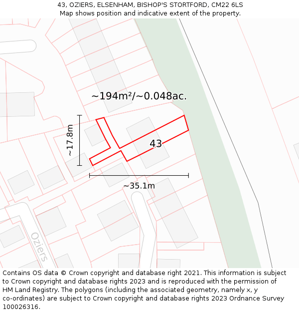 43, OZIERS, ELSENHAM, BISHOP'S STORTFORD, CM22 6LS: Plot and title map