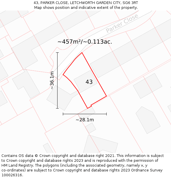 43, PARKER CLOSE, LETCHWORTH GARDEN CITY, SG6 3RT: Plot and title map