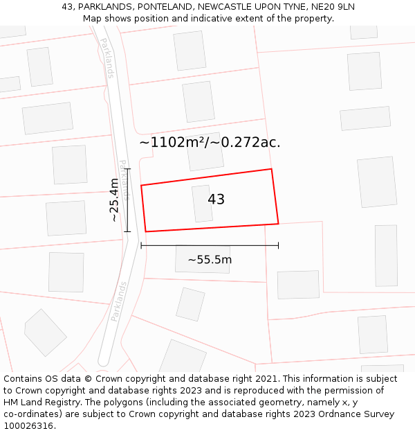 43, PARKLANDS, PONTELAND, NEWCASTLE UPON TYNE, NE20 9LN: Plot and title map