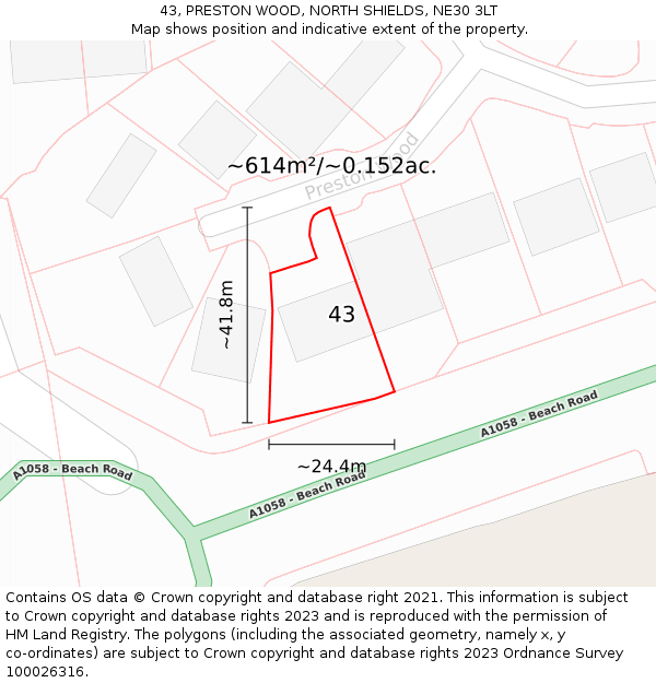 43, PRESTON WOOD, NORTH SHIELDS, NE30 3LT: Plot and title map