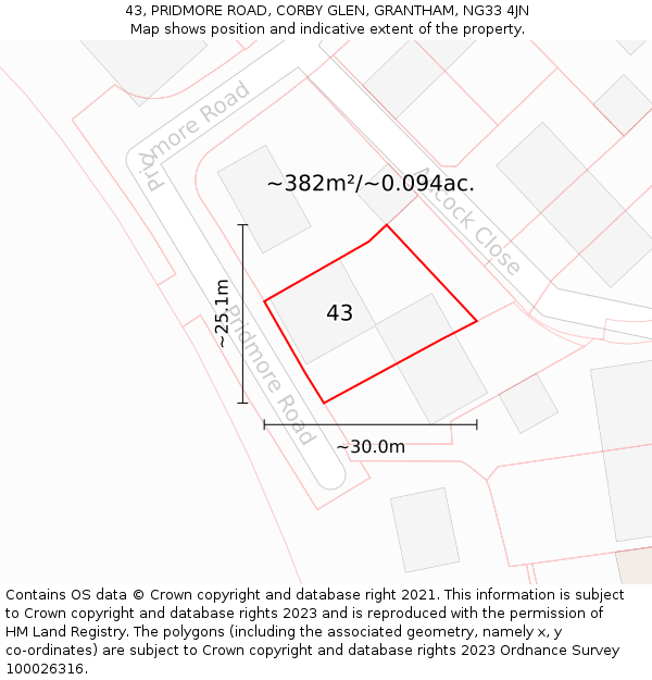 43, PRIDMORE ROAD, CORBY GLEN, GRANTHAM, NG33 4JN: Plot and title map