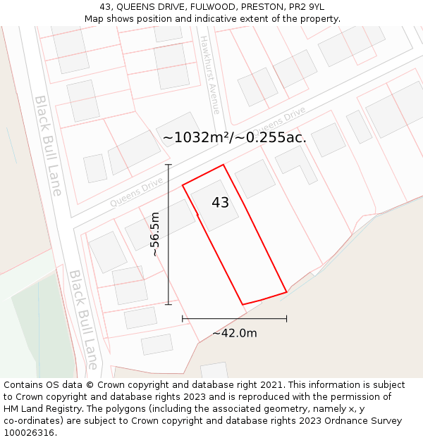 43, QUEENS DRIVE, FULWOOD, PRESTON, PR2 9YL: Plot and title map