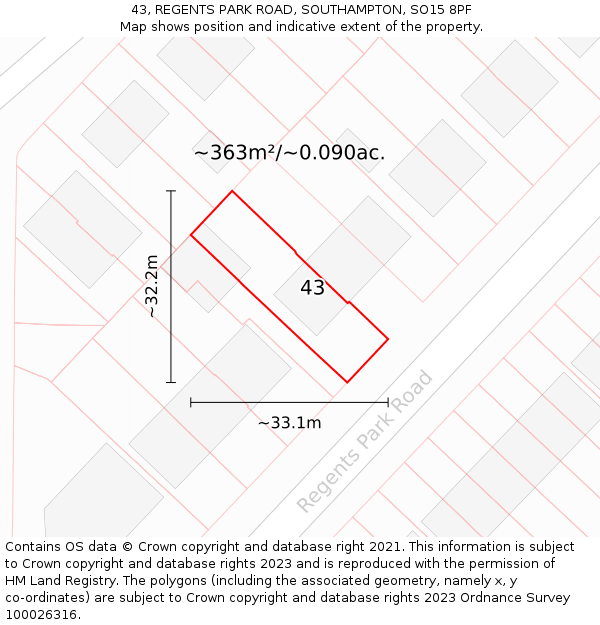 43, REGENTS PARK ROAD, SOUTHAMPTON, SO15 8PF: Plot and title map