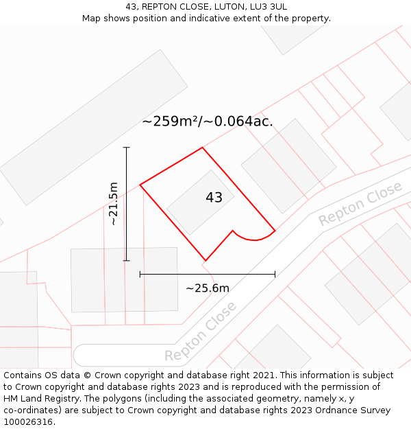 43, REPTON CLOSE, LUTON, LU3 3UL: Plot and title map