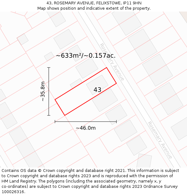 43, ROSEMARY AVENUE, FELIXSTOWE, IP11 9HN: Plot and title map