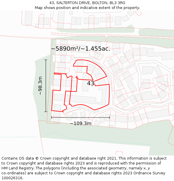 43, SALTERTON DRIVE, BOLTON, BL3 3RG: Plot and title map