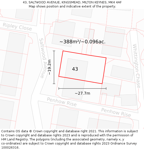 43, SALTWOOD AVENUE, KINGSMEAD, MILTON KEYNES, MK4 4AF: Plot and title map