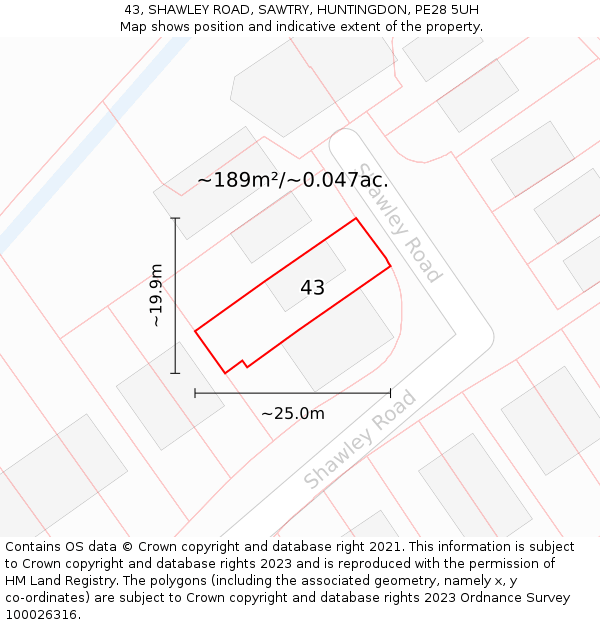 43, SHAWLEY ROAD, SAWTRY, HUNTINGDON, PE28 5UH: Plot and title map