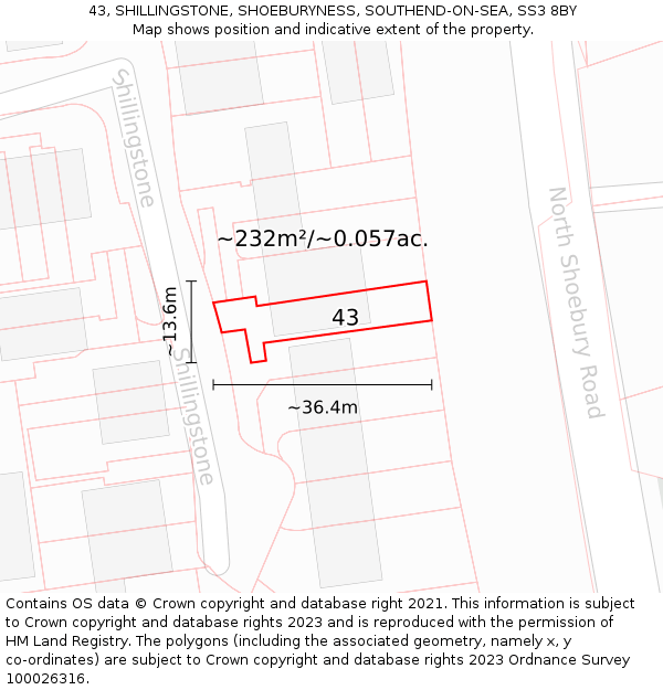 43, SHILLINGSTONE, SHOEBURYNESS, SOUTHEND-ON-SEA, SS3 8BY: Plot and title map