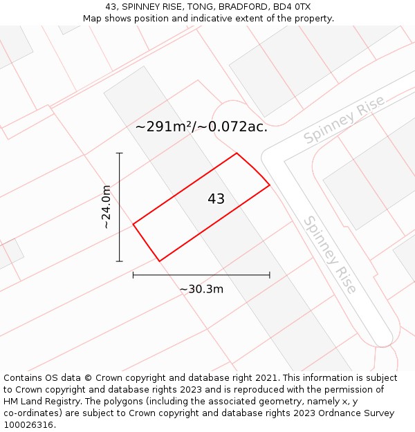 43, SPINNEY RISE, TONG, BRADFORD, BD4 0TX: Plot and title map